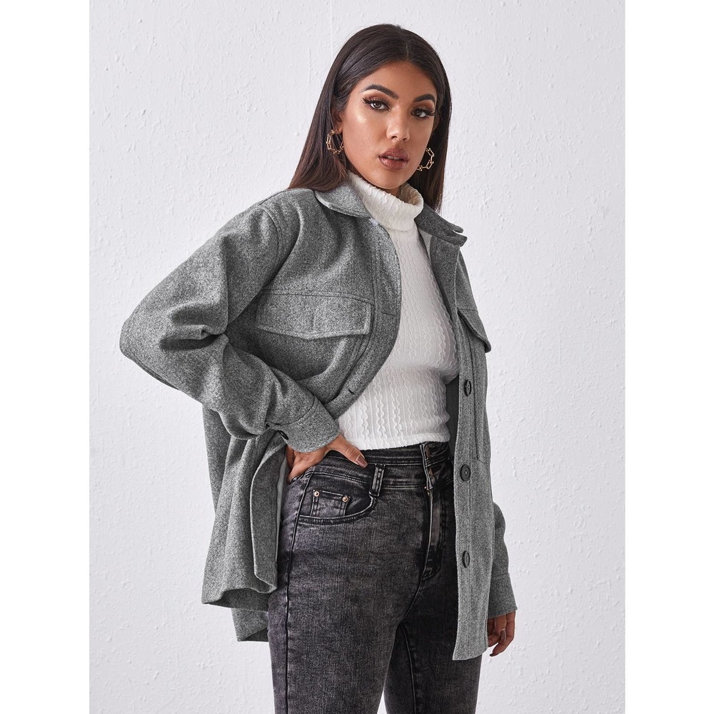 boyfriend shacket oversized Button Front Pocket Patched jacket gray - Picture 5 of 5